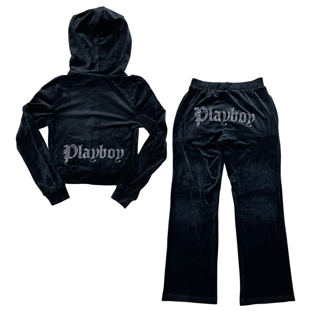 PLAYBOY Womens RHINESTONE VELOUR Size S Hoodie XS Pants Black Track Suit Set